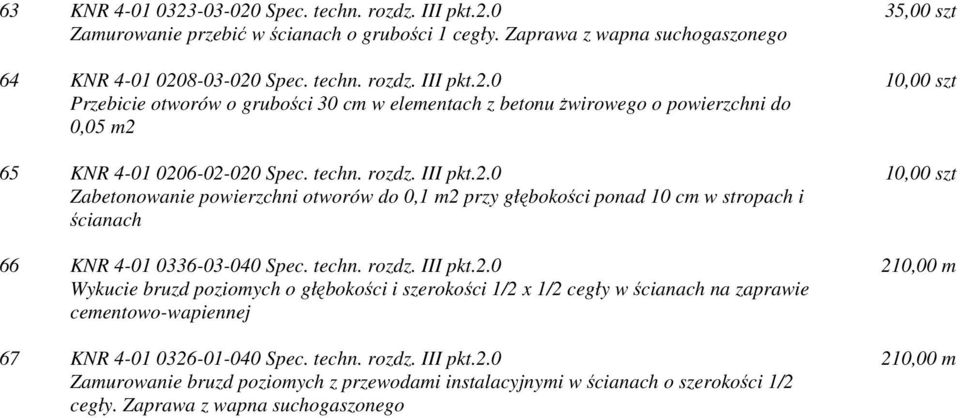 techn. rozdz. III pkt.2.0 Zamurowanie bruzd poziomych z przewodami instalacyjnymi w ścianach o szerokości 1/2 cegły. Zaprawa z wapna suchogaszonego 35,00 szt 10,00 szt 10,00 szt 210,00 m 210,00 m