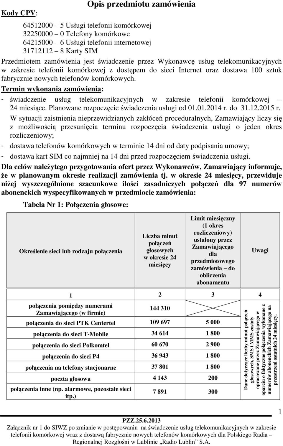 Termin wykonania zamówienia: - świadczenie usług telekomunikacyjnych w zakresie telefonii komórkowej 24 miesiące. Planowane rozpoczęcie świadczenia usługi od 01.01.2014 r. do 31.12.2015 r.