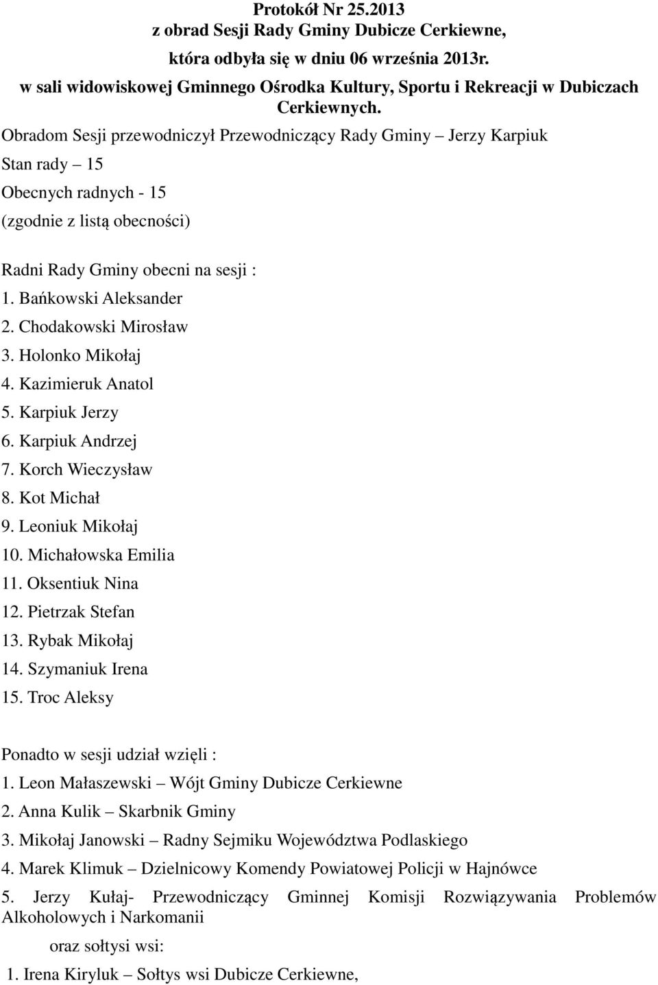 Chodakowski Mirosław 3. Holonko Mikołaj 4. Kazimieruk Anatol 5. Karpiuk Jerzy 6. Karpiuk Andrzej 7. Korch Wieczysław 8. Kot Michał 9. Leoniuk Mikołaj 10. Michałowska Emilia 11. Oksentiuk Nina 12.