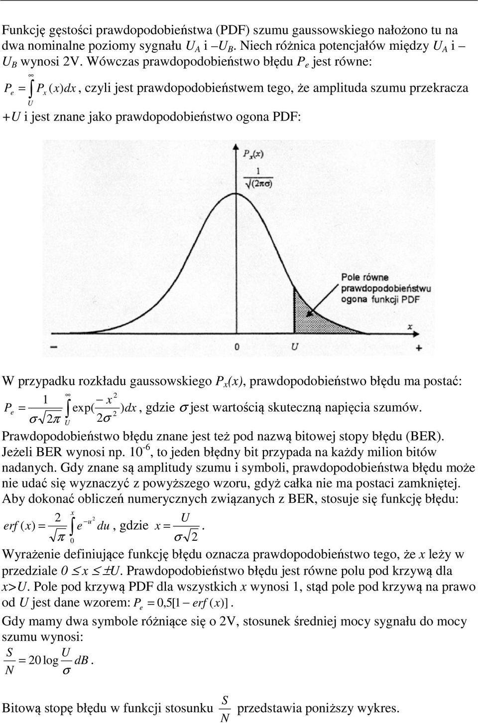 rozkładu gaussowskiego P x (x), prawdopodobieństwo błędu ma postać: U 2 1 x P e = exp( ) dx, gdzie σ jest wartością skuteczną napięcia szumów.