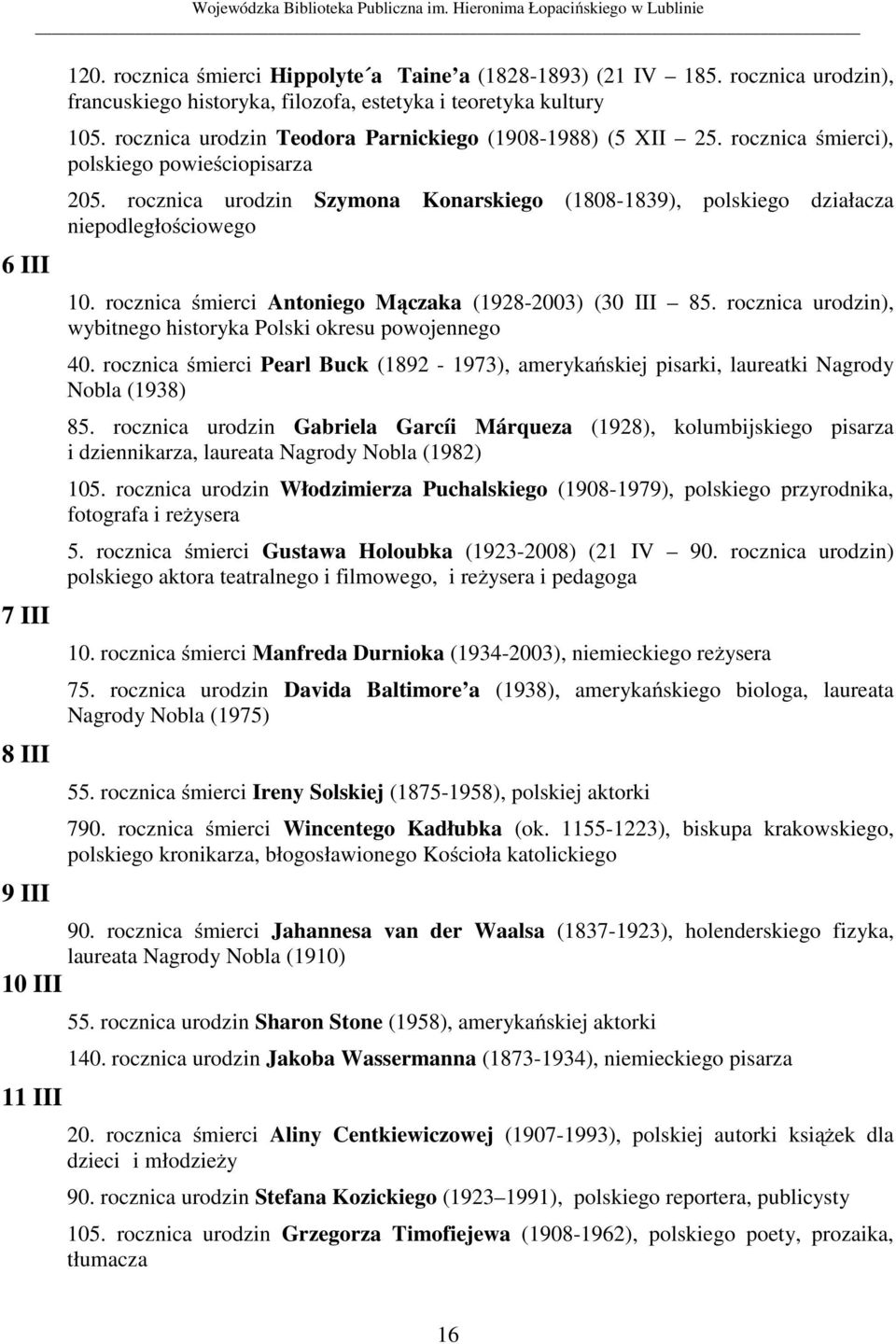 rocznica urodzin Szymona Konarskiego (1808-1839), polskiego działacza niepodległościowego 10. rocznica śmierci Antoniego Mączaka (1928-2003) (30 III 85.