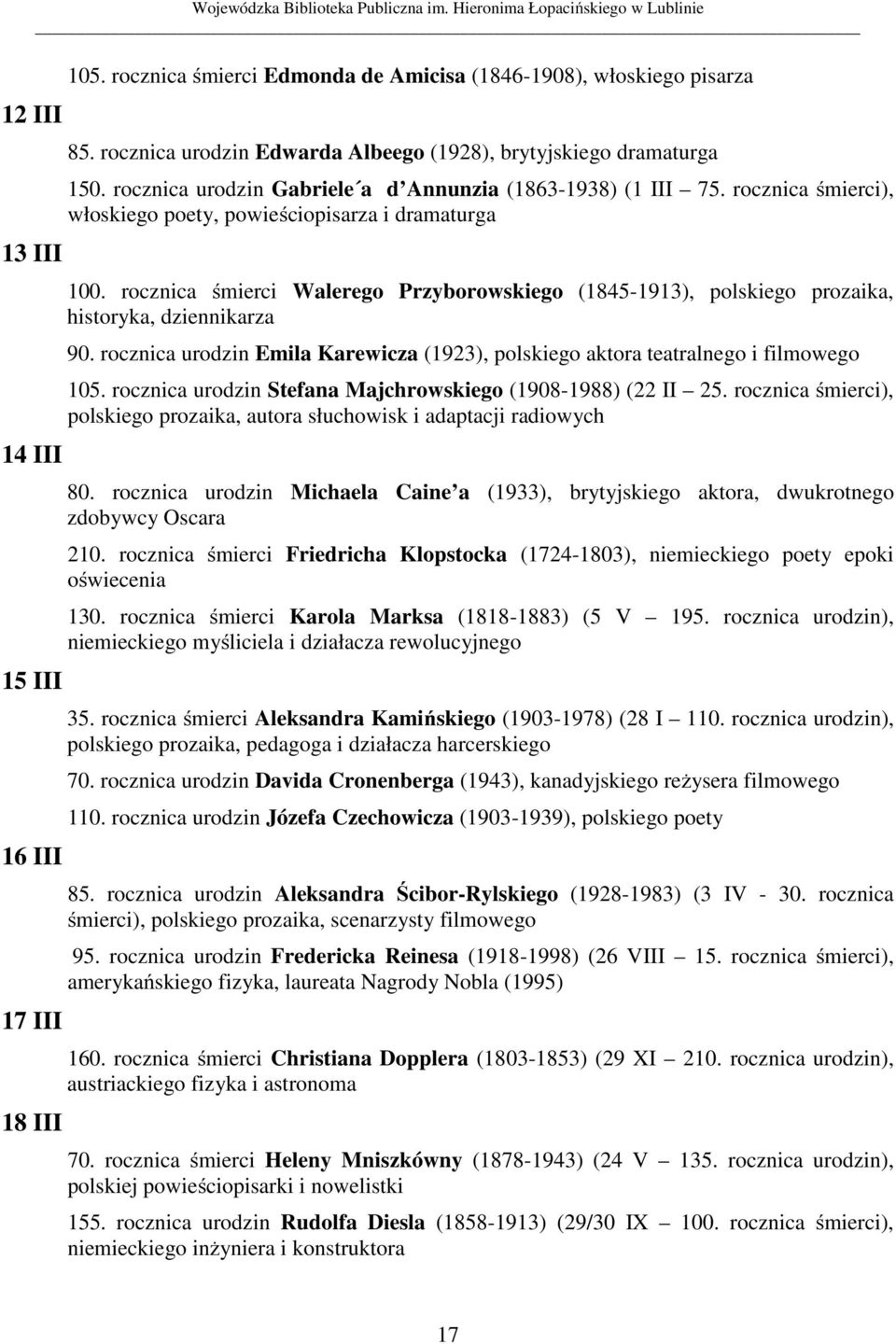 rocznica śmierci Walerego Przyborowskiego (1845-1913), polskiego prozaika, historyka, dziennikarza 90. rocznica urodzin Emila Karewicza (1923), polskiego aktora teatralnego i filmowego 105.