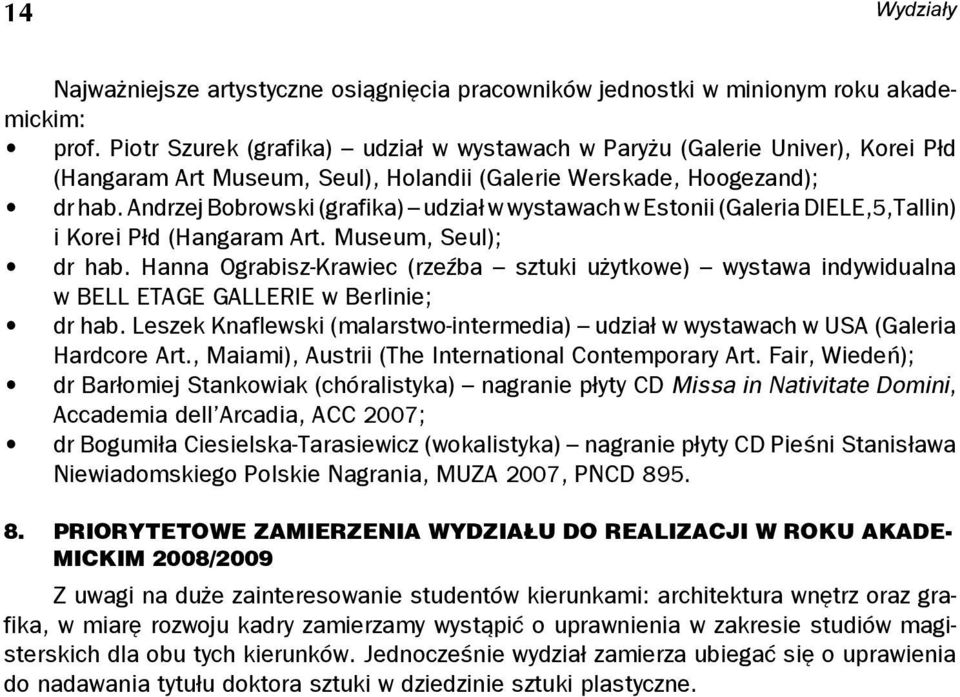 Andrzej Bobrowski (grafika) udział w wystawach w Estonii (Galeria DIELE,5,Tallin) i Korei Płd (Hangaram Art. Museum, Seul); dr hab.