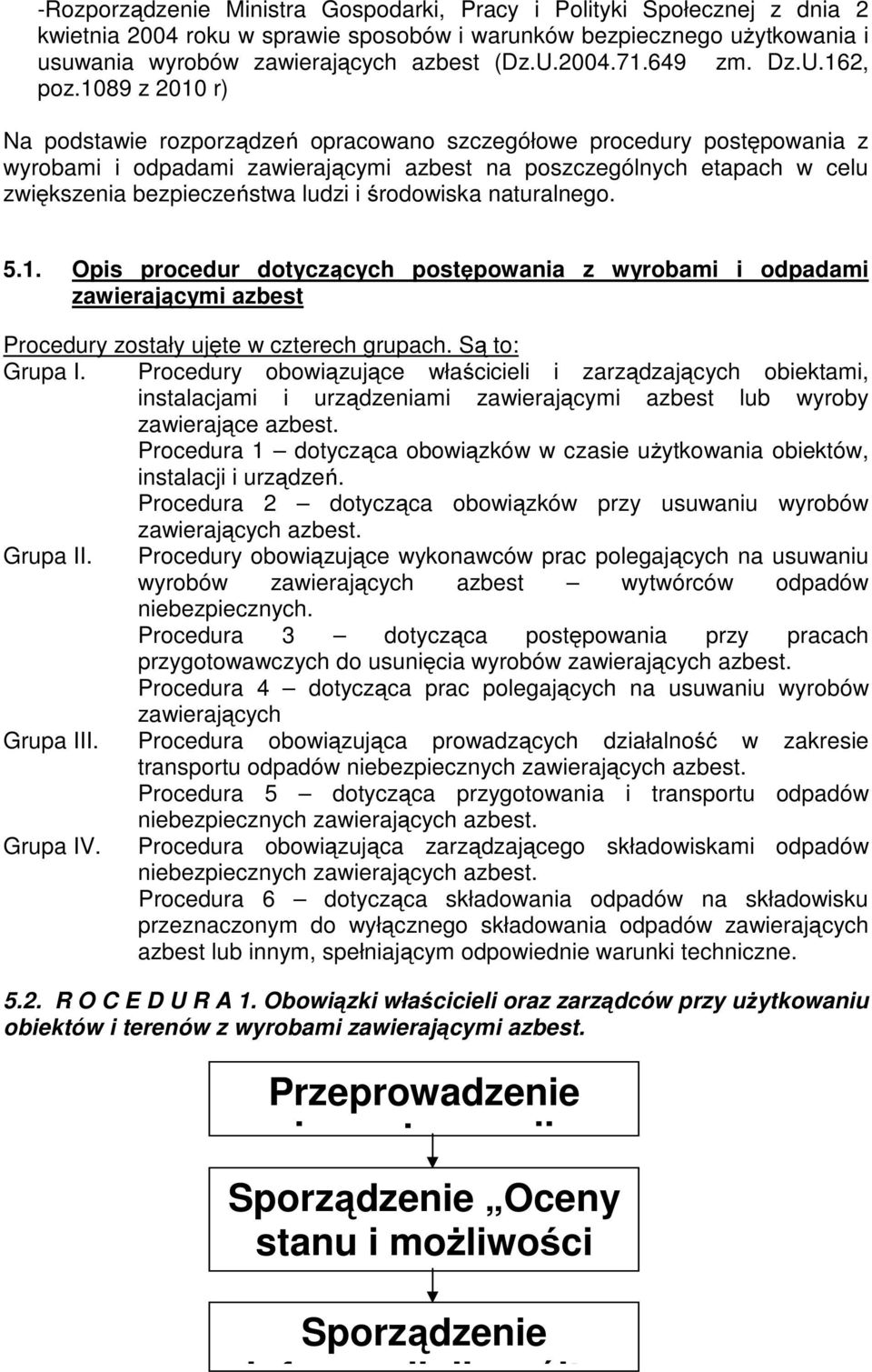 1089 z 2010 r) Na podstawie rozporządzeń opracowano szczegółowe procedury postępowania z wyrobami i odpadami zawierającymi azbest na poszczególnych etapach w celu zwiększenia bezpieczeństwa ludzi i