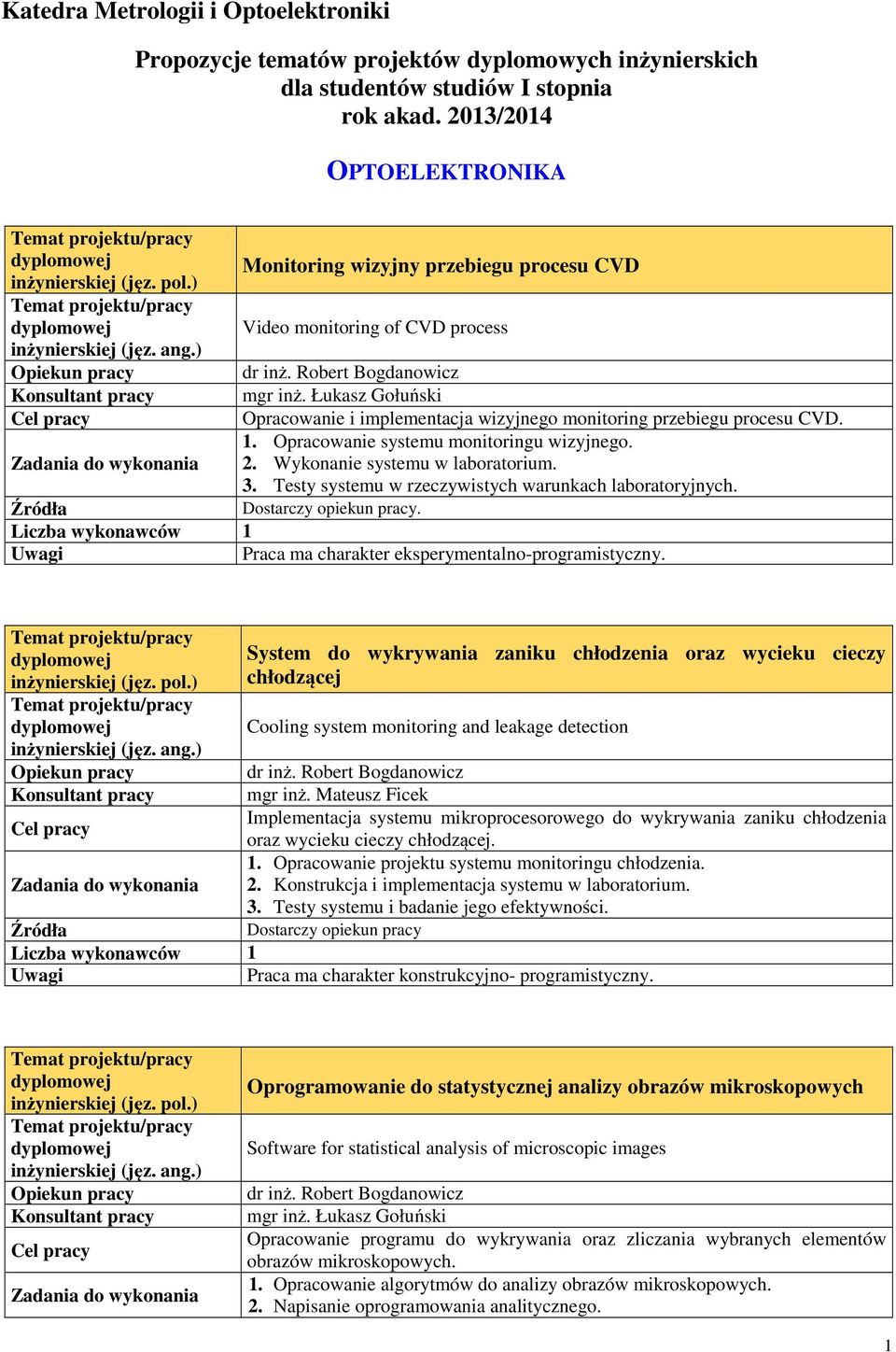 Łukasz Gołuński Opracowanie i implementacja wizyjnego monitoring przebiegu procesu CVD. 1. Opracowanie systemu monitoringu wizyjnego. 2. Wykonanie systemu w laboratorium. 3.