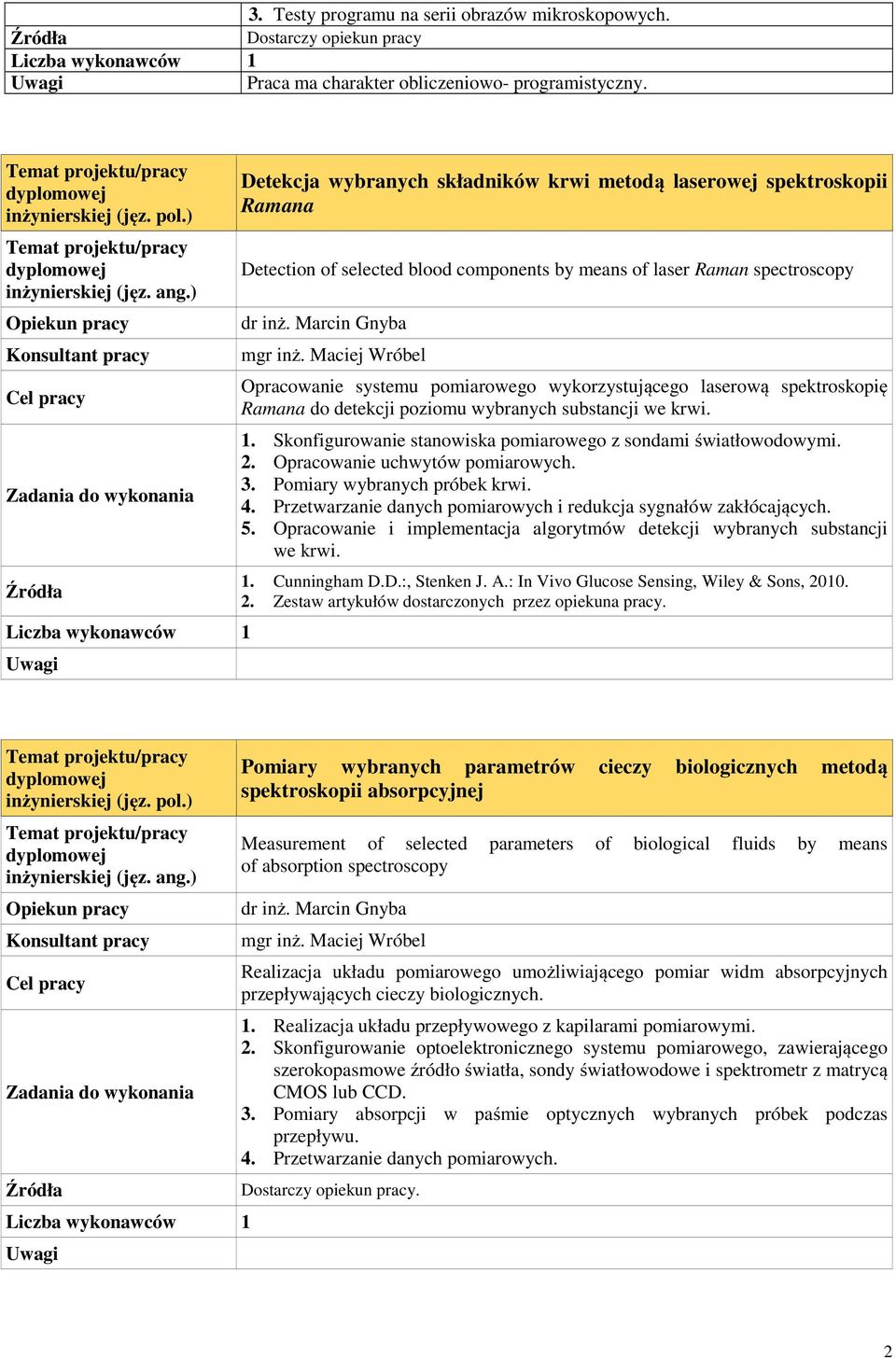 Maciej Wróbel Opracowanie systemu pomiarowego wykorzystującego laserową spektroskopię Ramana do detekcji poziomu wybranych substancji we krwi. 1.