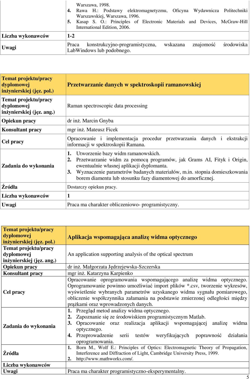 Mateusz Ficek Opracowanie i implementacja procedur przetwarzania danych i ekstrakcji informacji w spektroskopii Ramana. 1. Utworzenie bazy widm ramanowskich. 2.