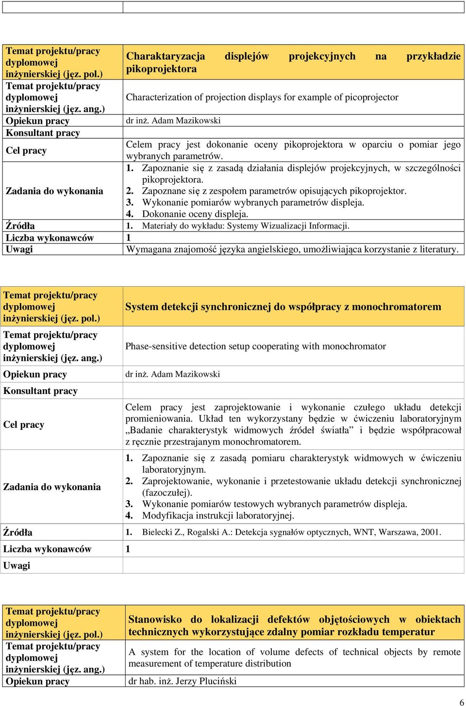 Zapoznanie się z zasadą działania displejów projekcyjnych, w szczególności pikoprojektora. 2. Zapoznane się z zespołem parametrów opisujących pikoprojektor. 3.