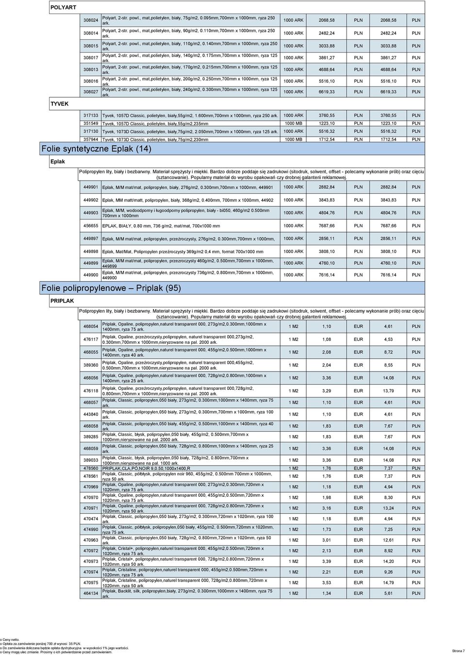 , mat,polietylen, biały, 75g/m2, 0.095mm,700mm x 1000mm, ryza 250 ark. Polyart, 2-str. powl., mat,polietylen, biały, 90g/m2, 0.110mm,700mm x 1000mm, ryza 250 ark. Polyart, 2-str. powl., mat,polietylen, biały, 110g/m2, 0.