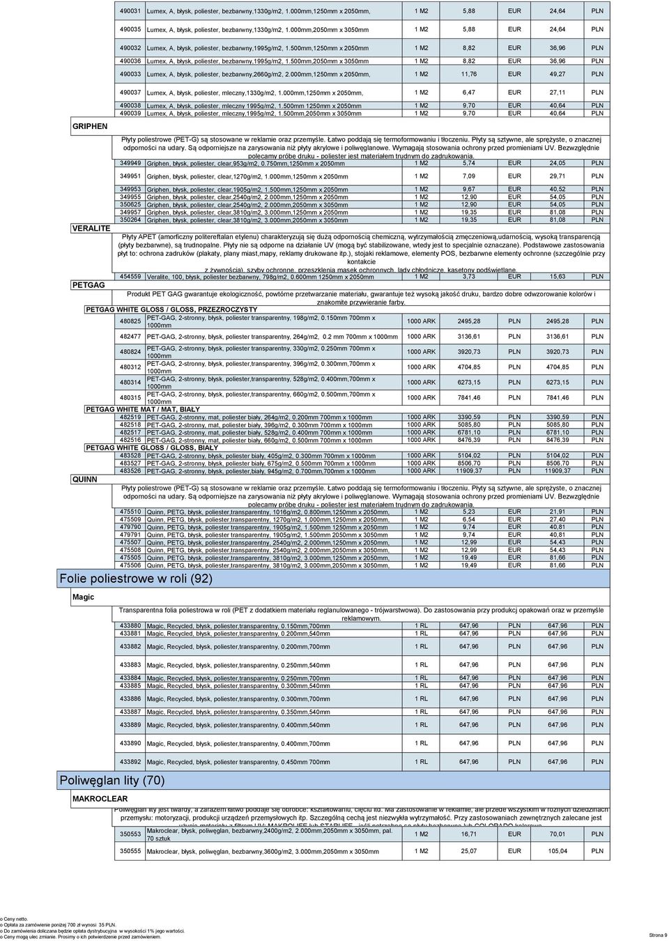 000mm,20m x 1 5,88 EUR 24,64 PLN Folie i płyty poliestrowe LUMEX (69) 490032 Lumex, A, błysk, poliester, bezbarwny,1995g/m2, 1.