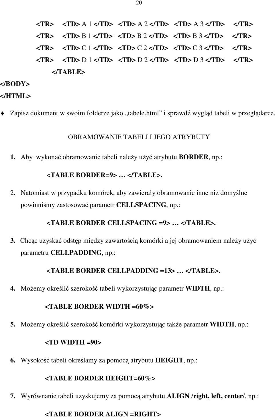 Aby wykonać obramowanie tabeli należyużyć atrybutu BORDER, np.: <TABLE BORDER=9> </TABLE>. 2.