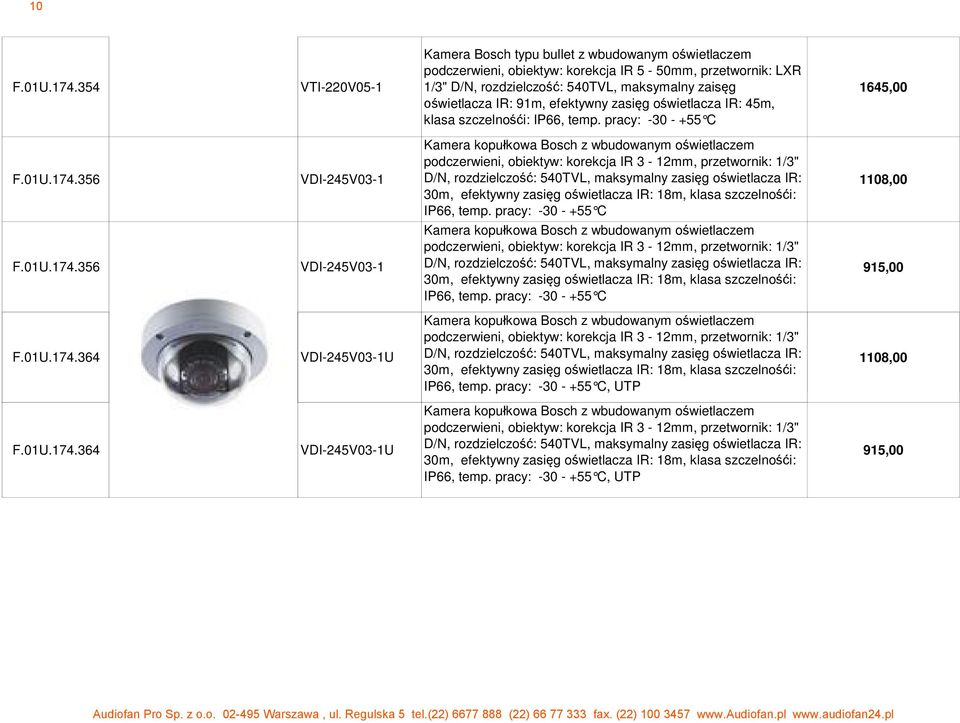 efektywny zasi g o wietlacza IR: 45m, klasa szczelno i: IP66, temp. pracy: -30 - +55 C 1645,00 F.01U.174.