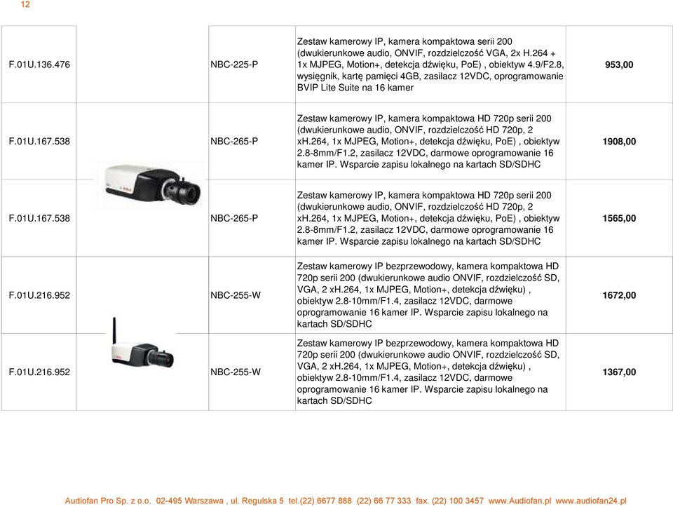 538 NBC-265-P Zestaw kamerowy IP, kamera kompaktowa HD 720p serii 200 (dwukierunkowe audio, ONVIF, rozdzielczo HD 720p, 2 xh.264, 1x MJPEG, Motion+, detekcja d wi ku, PoE), obiektyw 2.8-8mm/F1.