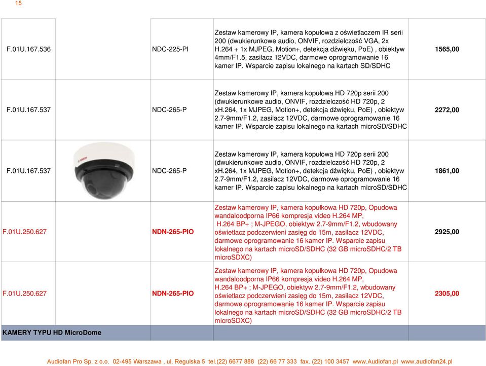 537 NDC-265-P Zestaw kamerowy IP, kamera kopu owa HD 720p serii 200 (dwukierunkowe audio, ONVIF, rozdzielczo HD 720p, 2 xh.264, 1x MJPEG, Motion+, detekcja d wi ku, PoE), obiektyw 2.7-9mm/F1.