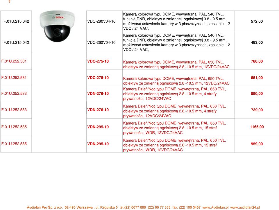 042 VDC-260V04-10 Kamera kolorowa typu DOME, wewn trzna, PAL, 540 TVL, funkcja DNR, obiektyw o zmiennej ogniskowej 3.8-9.