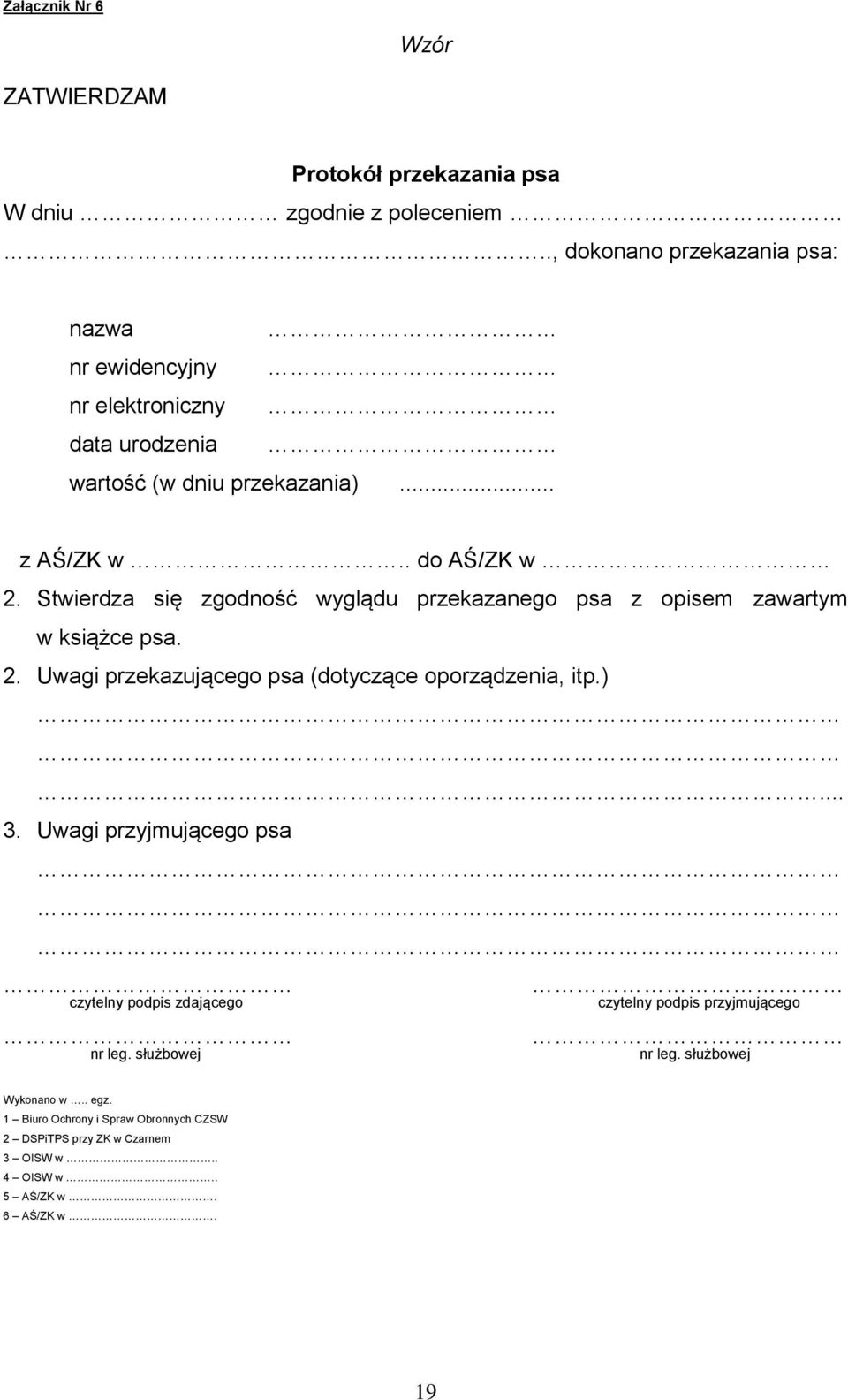 Stwierdza się zgodność wyglądu przekazanego psa z opisem zawartym w książce psa. 2. Uwagi przekazującego psa (dotyczące oporządzenia, itp.).. 3.