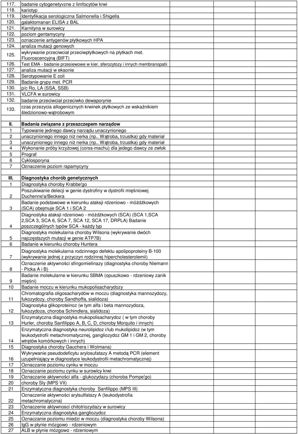 sferozytozy i innych membranopatii 127. analiza mutacji w eksonie 128. Serotypowanie E coli 129. Badanie grypy met. PCR 130. p/c Ro, LA (SSA, SSB) 131. VLCFA w surowicy 132.