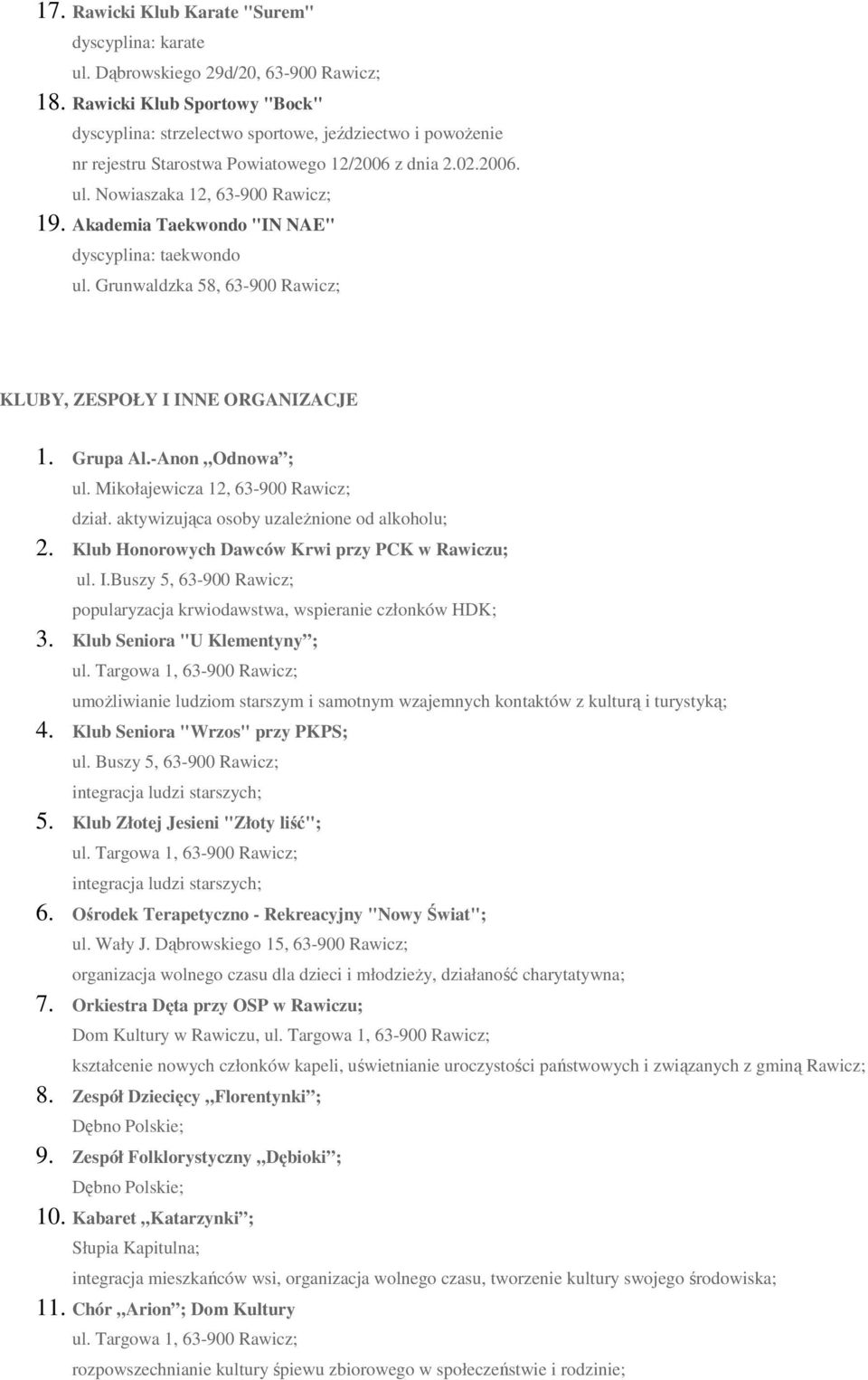 Akademia Taekwondo "IN NAE" dyscyplina: taekwondo ul. Grunwaldzka 58, 63-900 Rawicz; KLUBY, ZESPOŁY I INNE ORGANIZACJE 1. Grupa Al.-Anon Odnowa ; ul. Mikołajewicza 12, 63-900 Rawicz; dział.