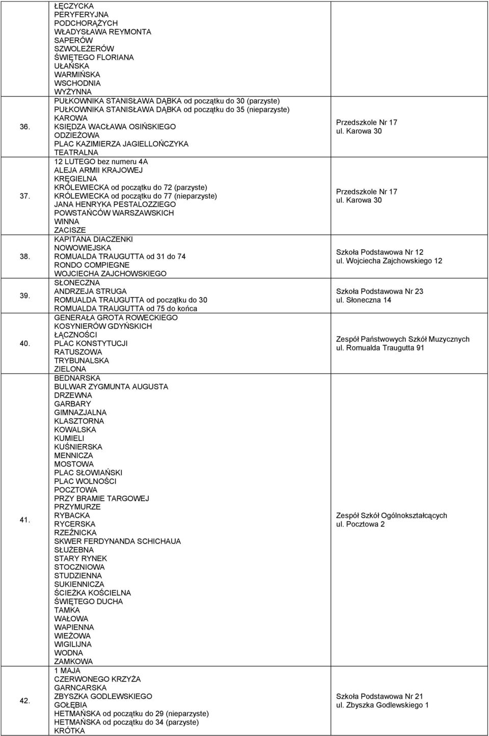 STANISŁAWA DĄBKA od początku do 35 (nieparzyste) KAROWA KSIĘDZA WACŁAWA OSIŃSKIEGO ODZIEŻOWA PLAC KAZIMIERZA JAGIELLOŃCZYKA TEATRALNA 12 LUTEGO bez numeru 4A ALEJA ARMII KRAJOWEJ KRĘGIELNA