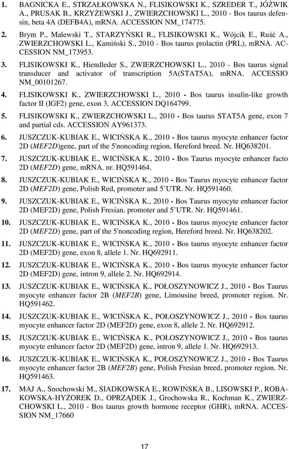 , ZWIERZCHOWSKI L., 2010 - Bos taurus signal transducer and activator of transcription 5A(STAT5A), mrna. ACCESSIO NM_00101267. 4. FLISIKOWSKI K., ZWIERZCHOWSKI L., 2010 - Bos taurus insulin-like growth factor II (IGF2) gene, exon 3.