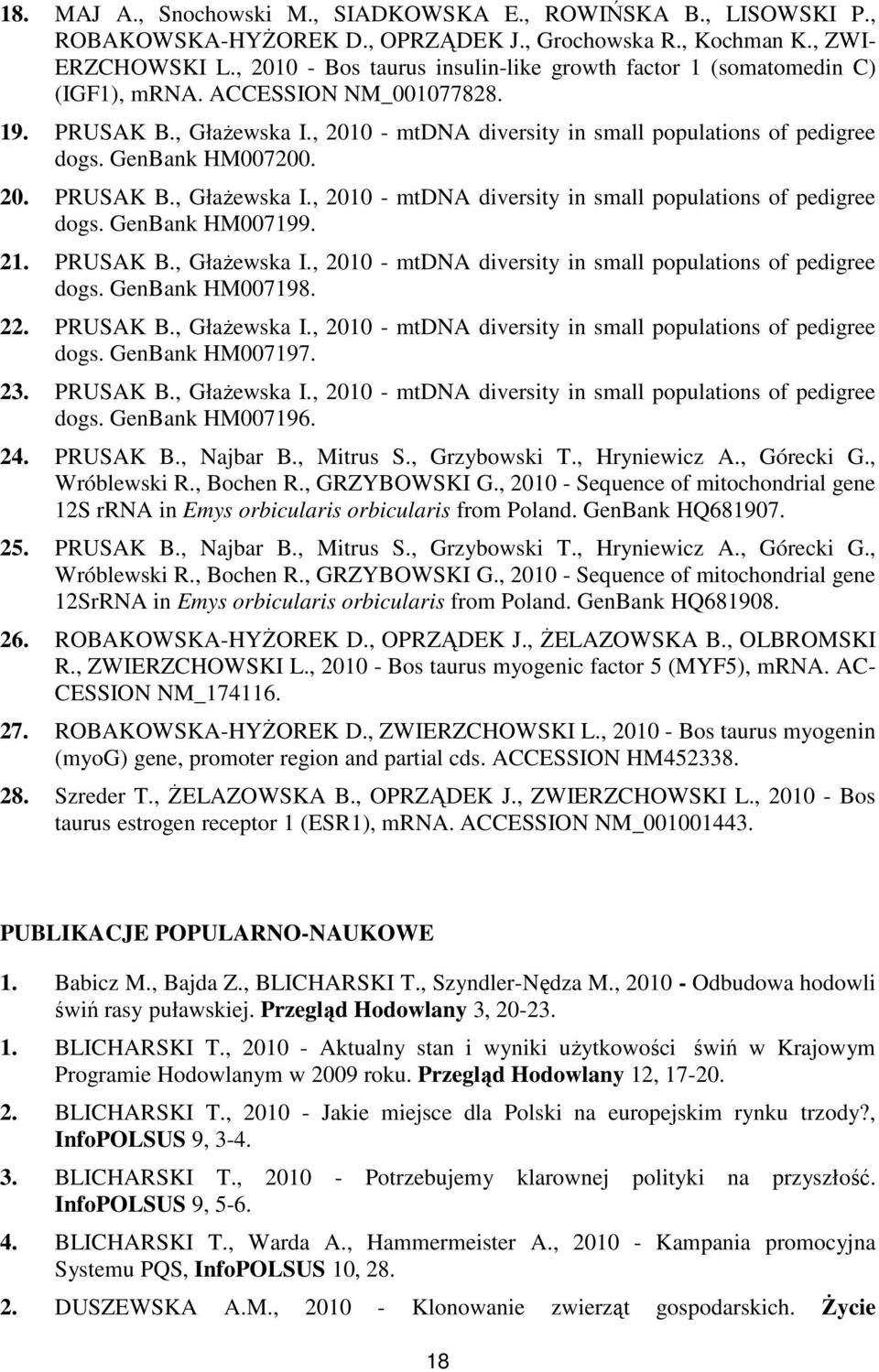 GenBank HM007200. 20. PRUSAK B., Głażewska I., 2010 - mtdna diversity in small populations of pedigree dogs. GenBank HM007199. 21. PRUSAK B., Głażewska I., 2010 - mtdna diversity in small populations of pedigree dogs. GenBank HM007198.