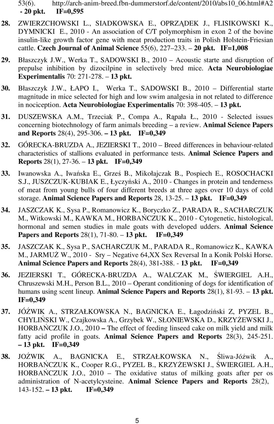 Czech Journal of Animal Science 55(6), 227 233. 20 pkt. IF=1,008 29. Błaszczyk J.W., Werka T., SADOWSKI B.