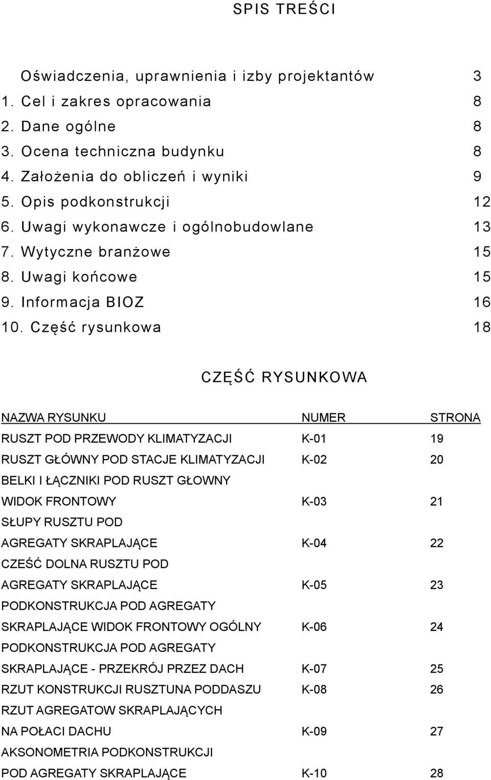 Część rysunkowa 18 CZĘŚĆ RYSUNKOWA NAZWA RYSUNKU NUMER STRONA RUSZT POD PRZEWODY KLIMATYZACJI K-01 19 RUSZT GŁÓWNY POD STACJE KLIMATYZACJI K-02 20 BELKI I ŁĄCZNIKI POD RUSZT GŁOWNY WIDOK FRONTOWY