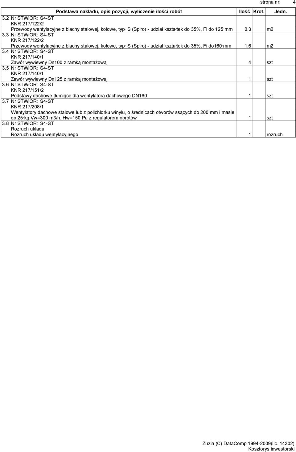 4 Nr STWiOR: S4-ST KNR 217/140/1 Zawór wywiewny Dn100 z ramką montażową 4 szt 3.5 Nr STWiOR: S4-ST KNR 217/140/1 Zawór wywiewny Dn125 z ramką montażową 1 szt 3.