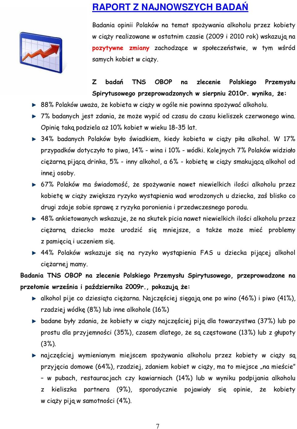 wynika, że: 88% Polaków uważa, że kobieta w ciąży w ogóle nie powinna spożywać alkoholu. 7% badanych jest zdania, że może wypić od czasu do czasu kieliszek czerwonego wina.