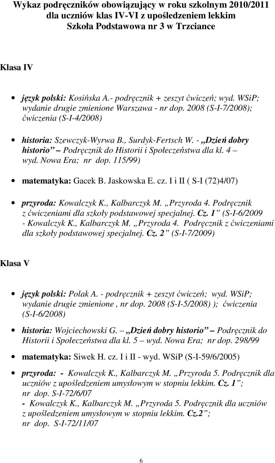 - Dzień dobry historio Podręcznik do Historii i Społeczeństwa dla kl. 4 wyd. Nowa Era; nr dop. 115/99) matematyka: Gacek B. Jaskowska E. cz. I i II ( S-I (72)4/07) przyroda: Kowalczyk K.