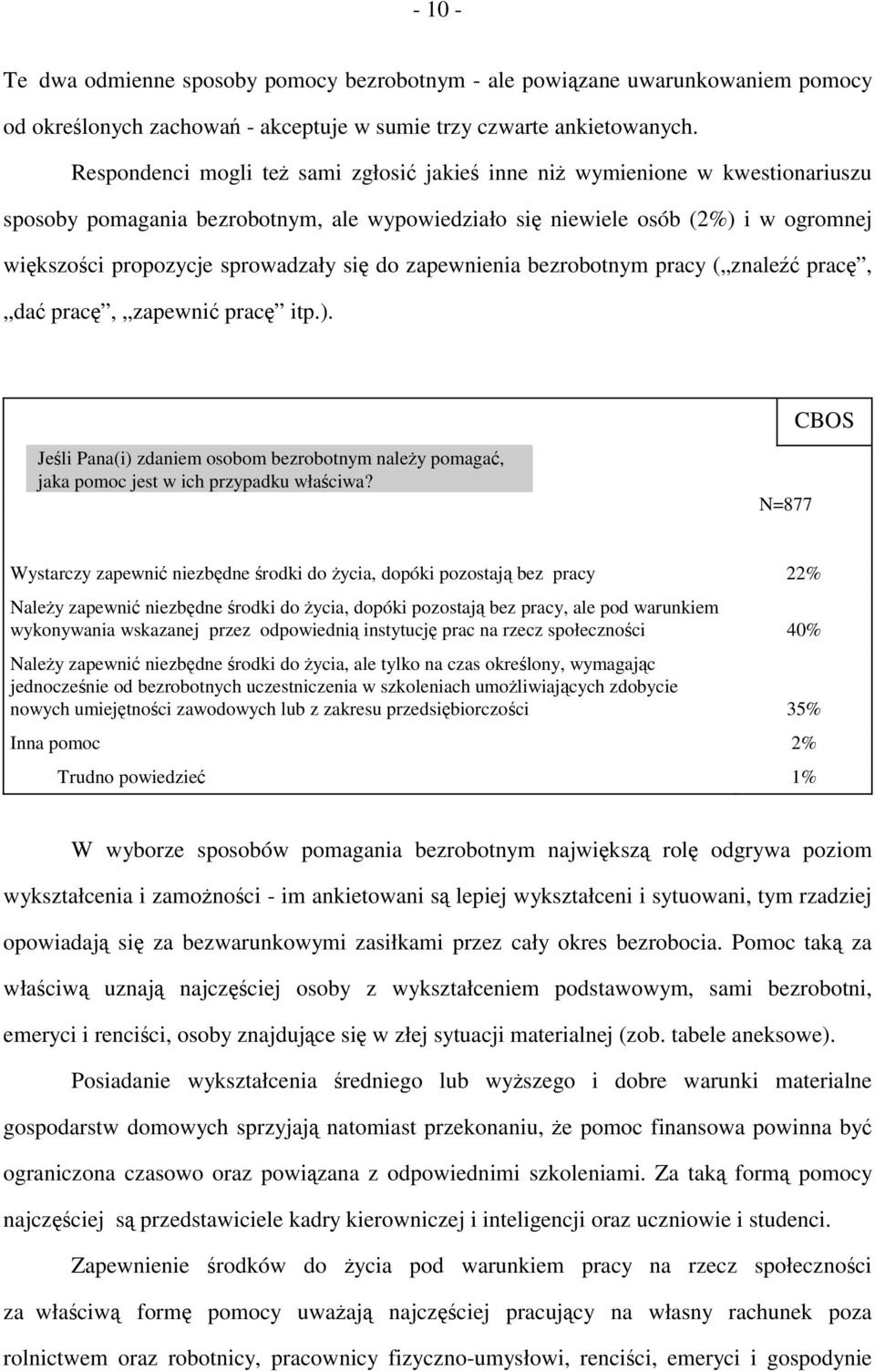 się do zapewnienia bezrobotnym pracy ( znaleźć pracę, dać pracę, zapewnić pracę itp.). Jeśli Pana(i) zdaniem osobom bezrobotnym należy pomagać, jaka pomoc jest w ich przypadku właściwa?