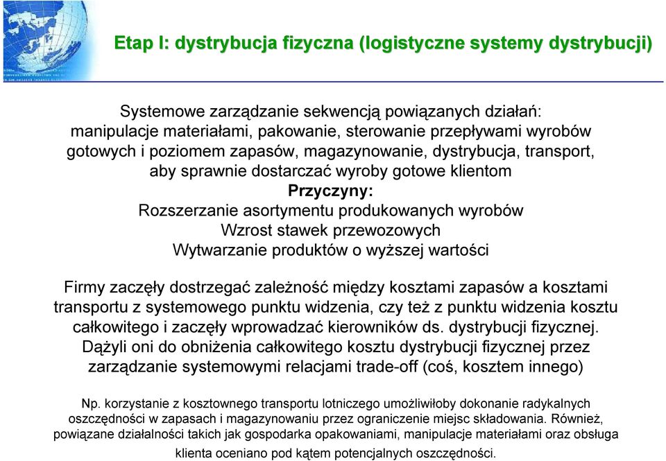 Wytwarzanie produktów o wyższej wartości Firmy zaczęły dostrzegać zależność między kosztami zapasów a kosztami transportu z systemowego punktu widzenia, czy też z punktu widzenia kosztu całkowitego i