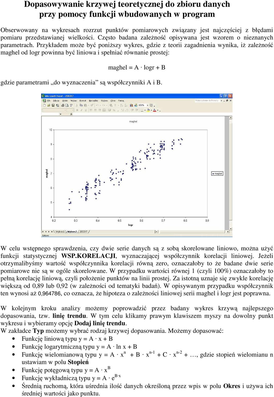 Przykładem może być poniższy wykres, gdzie z teorii zagadnienia wynika, iż zależność maghel od logr powinna być liniowa i spełniać równanie prostej: maghel = A logr + B gdzie parametrami do