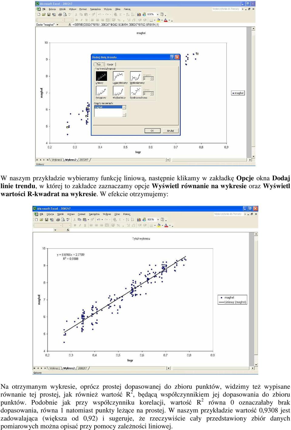 W efekcie otrzymujemy: Na otrzymanym wykresie, oprócz prostej dopasowanej do zbioru punktów, widzimy też wypisane równanie tej prostej, jak również wartość R 2, będącą współczynnikiem jej