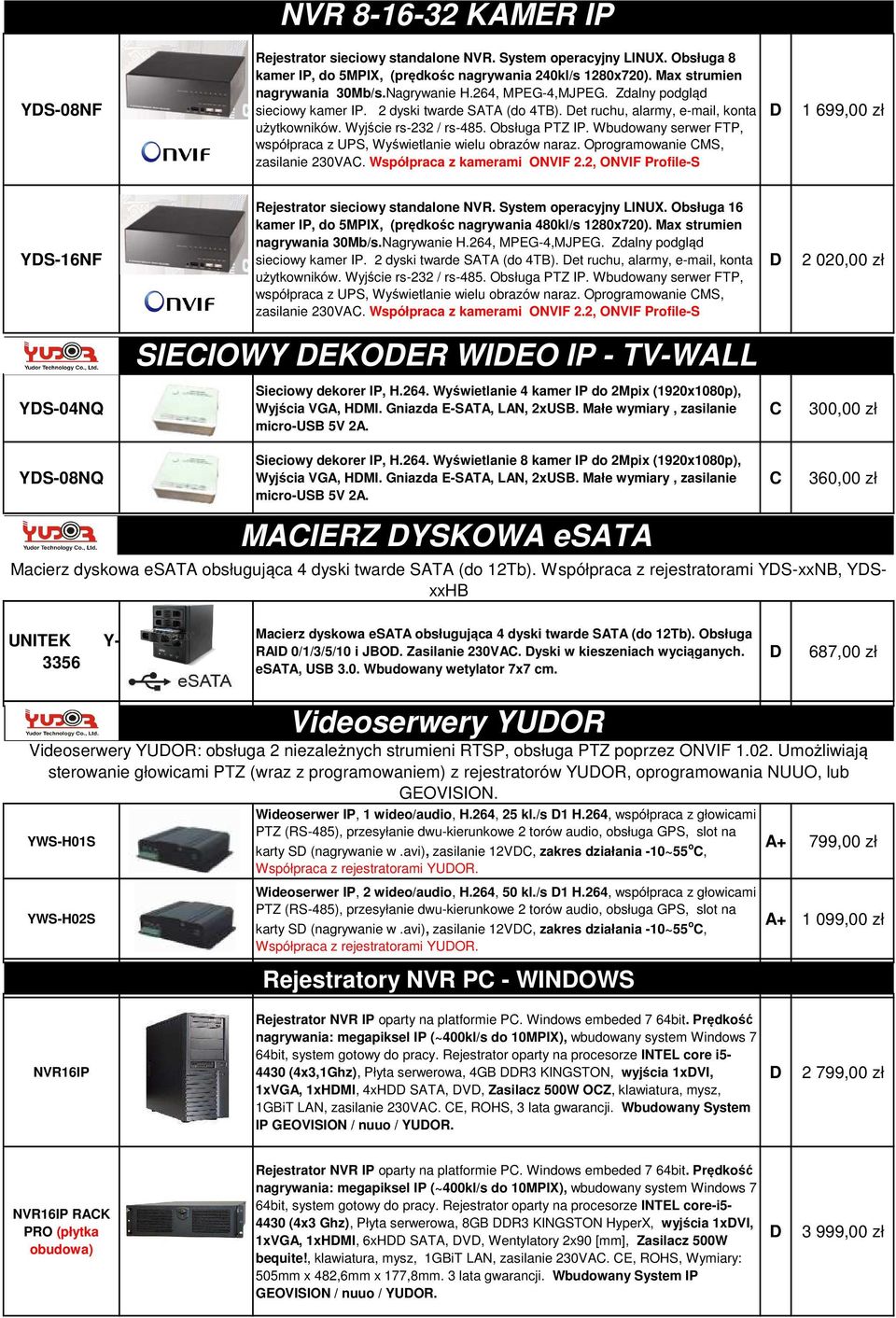 Wbudowany serwer FTP, współpraca z UPS, Wyświetlanie wielu obrazów naraz. Oprogramowanie MS, zasilanie 230VA. Współpraca z kamerami ONVIF 2.