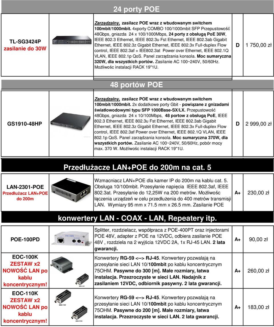 3z Gigabit Ethernet, IEEE 802.3x Full-duplex Flow control, IEEE 802.3af + IEE802.3at Power over Ethernet, IEEE 802.1Q VLAN, IEEE 802.1p QoS. Panel zarządzania konsola.