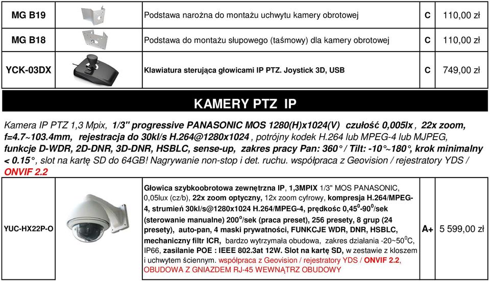 264@1280x1024, potrójny kodek H.264 lub MPEG-4 lub MJPEG, funkcje -WR, 2-NR, 3-NR, HSBL, sense-up, zakres pracy Pan: 360 / Tilt: -10 ~180, krok minima lny < 0.15, slot na kartę S do 64GB!