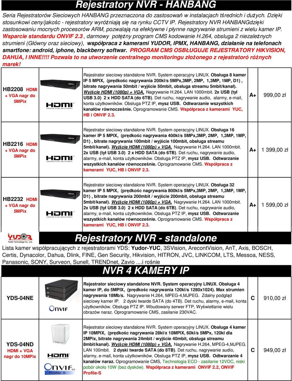 Rejestratory NVR HANBANGdzięki zastosowaniu mocnych procesorów ARM, pozwalają na efektywne i płynne nagrywanie strumieni z wielu kamer IP. Wsparcie standardu ONVIF 2.