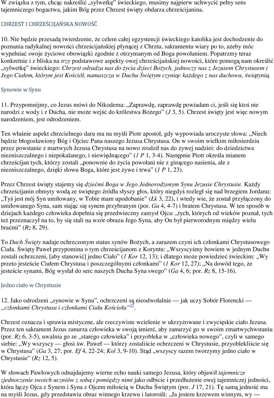 Nie będzie przesadą twierdzenie, że celem całej egzystencji świeckiego katolika jest dochodzenie do poznania radykalnej nowości chrześcijańskiej płynącej z Chrztu, sakramentu wiary po to, ażeby móc