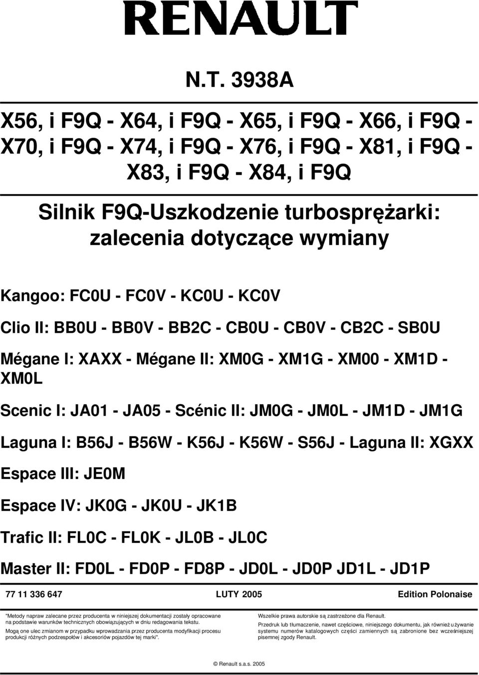 - JM0L - JM1D - JM1G Laguna I: B56J - B56W - K56J - K56W - S56J - Laguna II: XGXX Espace III: JE0M Espace IV: JK0G - JK0U - JK1B Trafic II: FL0C - FL0K - JL0B - JL0C Master II: FD0L - FD0P - FD8P -