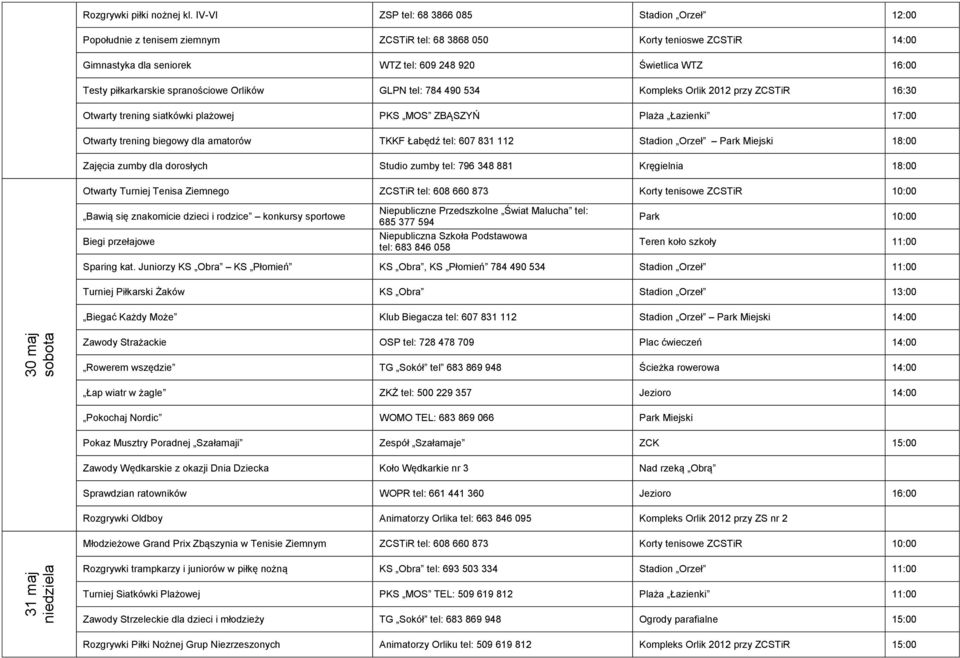 piłkarkarskie spranościowe Orlików GLPN tel: 784 490 534 Kompleks Orlik 2012 przy ZCSTiR 16:30 Otwarty trening siatkówki plażowej PKS MOS ZBĄSZYŃ Plaża Łazienki 17:00 Otwarty trening biegowy dla
