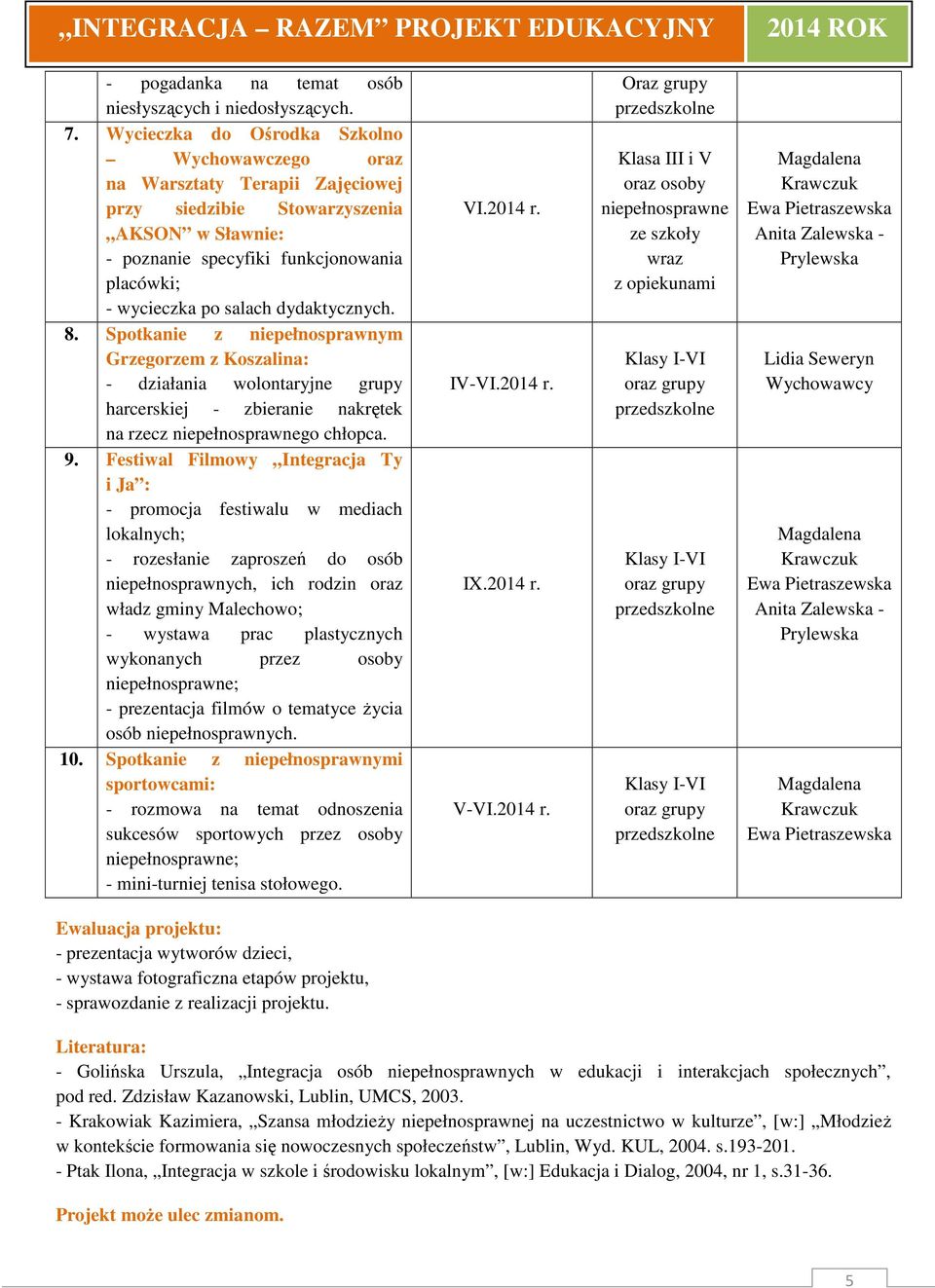 dydaktycznych. 8. Spotkanie z niepełnosprawnym Grzegorzem z Koszalina: - działania wolontaryjne grupy harcerskiej - zbieranie nakrętek na rzecz niepełnosprawnego chłopca. 9.