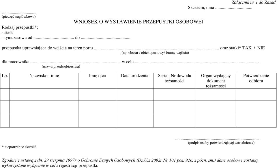 Nazwisko i imię Imię ojca Data urodzenia Seria i Nr dowodu tożsamości Organ wydający dokument tożsamości Potwierdzenie odbioru * niepotrzebne skreślić.