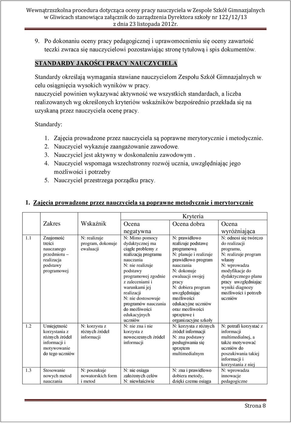 nauczyciel powinien wykazywać aktywność we wszystkich standardach, a liczba realizowanych wg określonych kryteriów wskaźników bezpośrednio przekłada się na uzyskaną przez nauczyciela ocenę pracy.