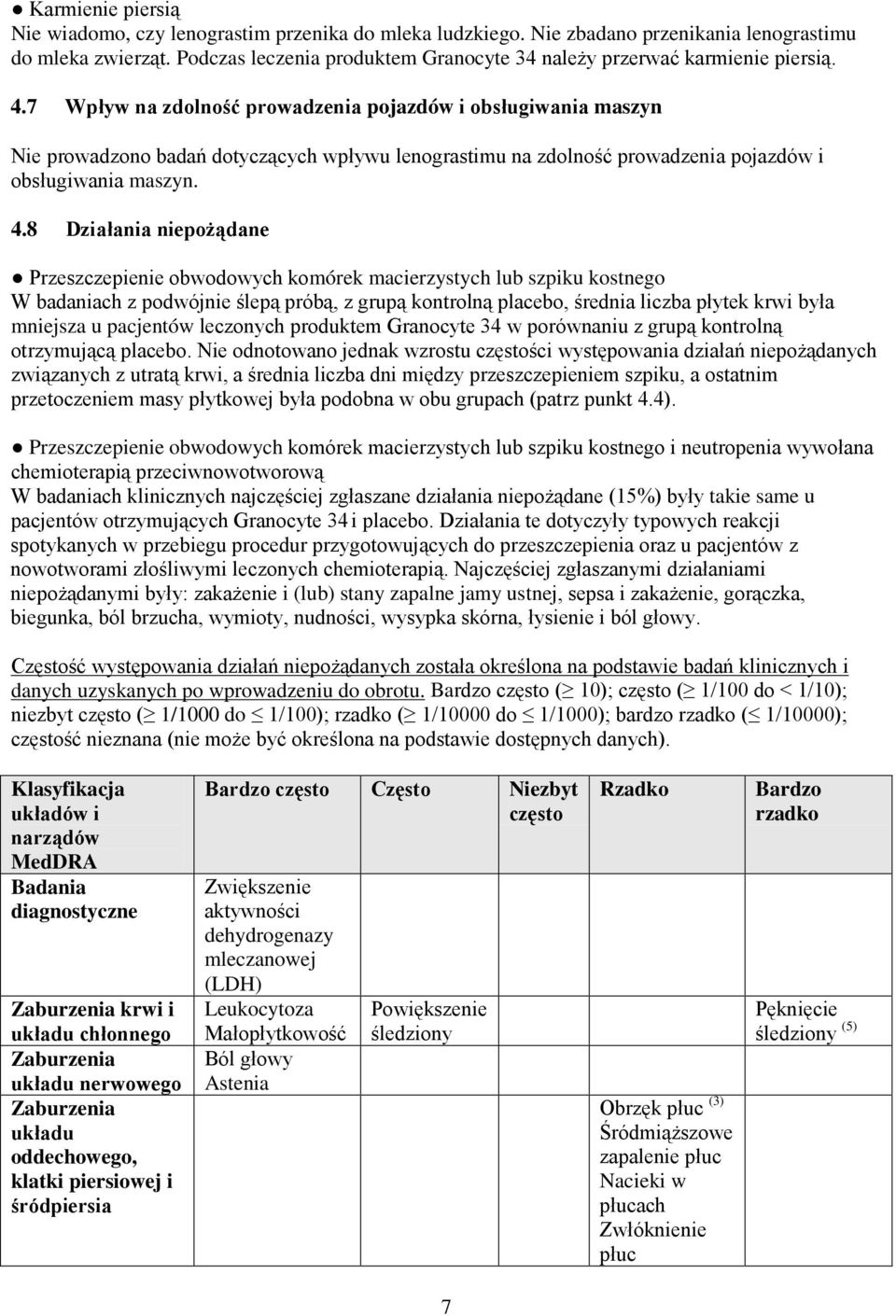 7 Wpływ na zdolność prowadzenia pojazdów i obsługiwania maszyn Nie prowadzono badań dotyczących wpływu lenograstimu na zdolność prowadzenia pojazdów i obsługiwania maszyn. 4.