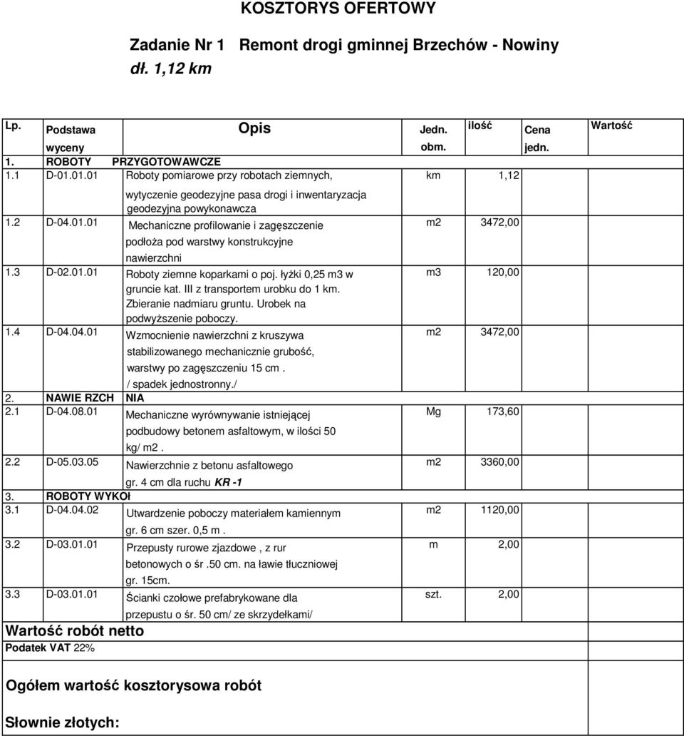 3 D-02.01.01 Roboty ziemne koparkami o poj. łyŝki 0,25 m3 w gruncie kat. III z transportem urobku do 1 km. Zbieranie nadmiaru gruntu. Urobek na podwyŝszenie poboczy. 1.4 D-04.