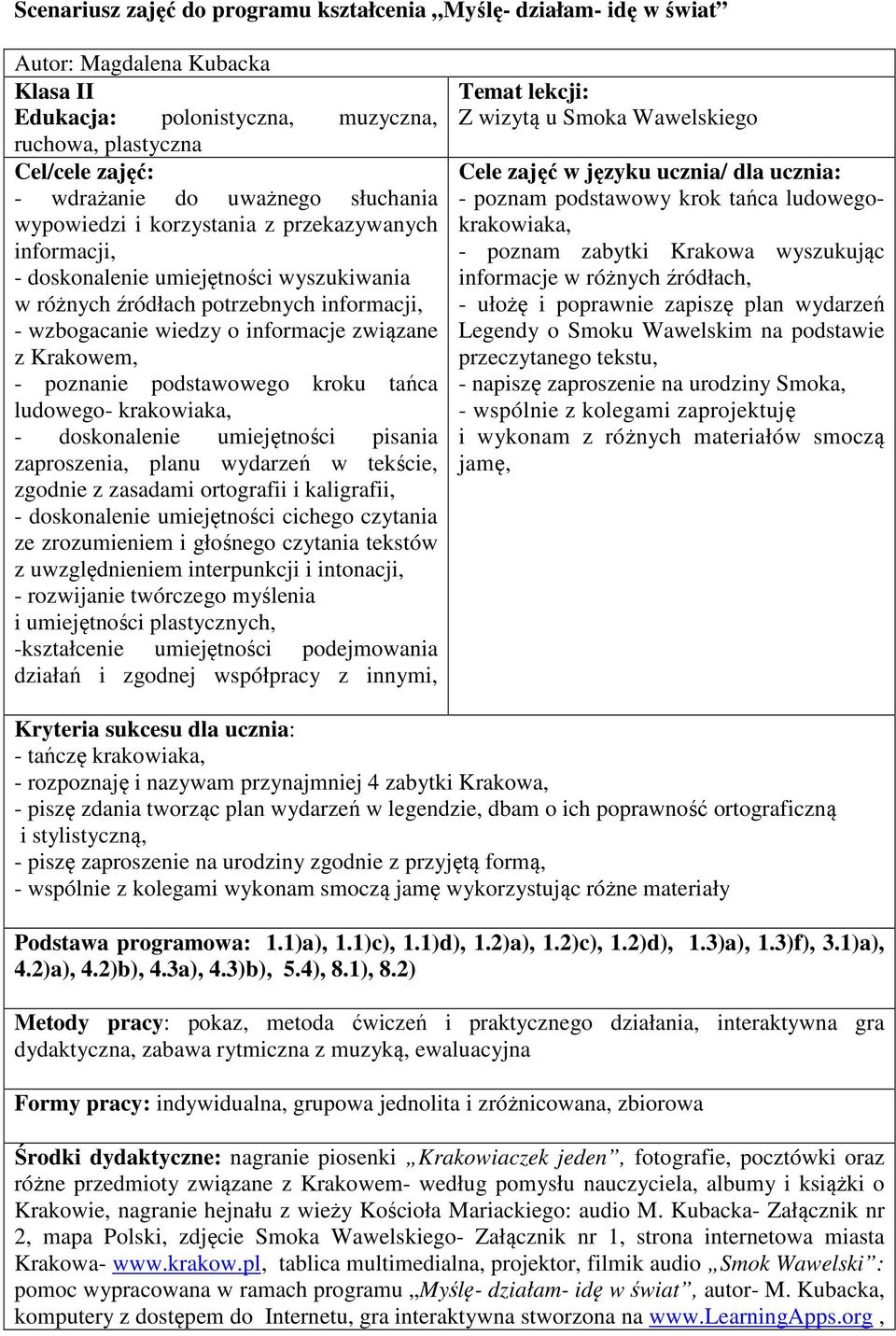 Krakowem, - poznanie podstawowego kroku tańca ludowego- krakowiaka, - doskonalenie umiejętności pisania zaproszenia, planu wydarzeń w tekście, zgodnie z zasadami ortografii i kaligrafii, -