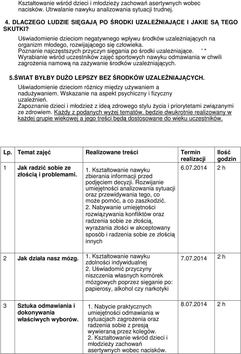 ' * Wyrabianie wśród uczestników zajęć sportowych nawyku odmawiania w chwili zagrożenia namową na zażywanie środków uzależniających. 5.ŚWIAT BYŁBY DUŻO LEPSZY BEZ ŚRODKÓW UZALEŻNIAJĄCYCH.