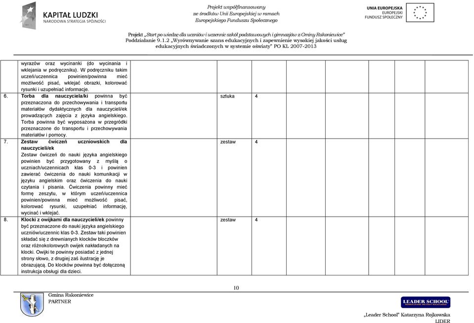 Torba powinna być wyposażona w przegródki przeznaczone do transportu i przechowywania materiałów i pomocy. 7.