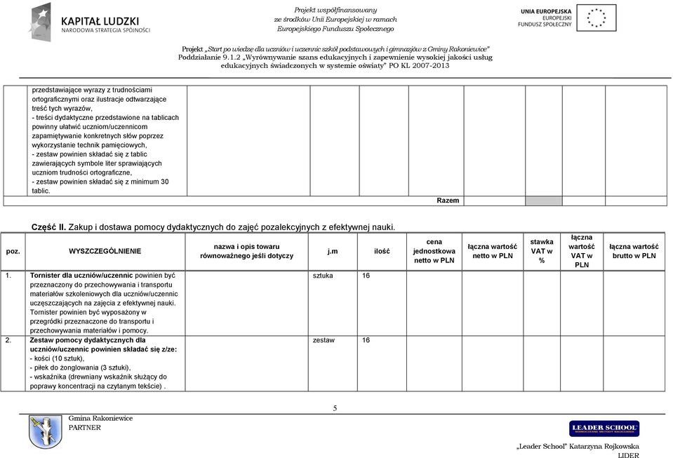 powinien składać się z minimum 30 tablic. Razem poz. Część II. Zakup i dostawa pomocy dydaktycznych do zajęć pozalekcyjnych z efektywnej nauki. WYSZCZEGÓLNIENIE 1.